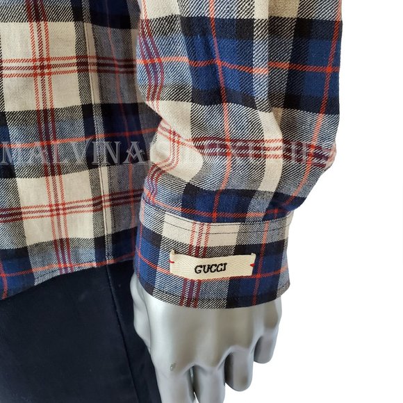 GUCCI SHIRT MENS CHECK EMBROIDERED x DISNEY DONALD DUCK COTTON LINEN sz 50 / L - Picture 12 of 16